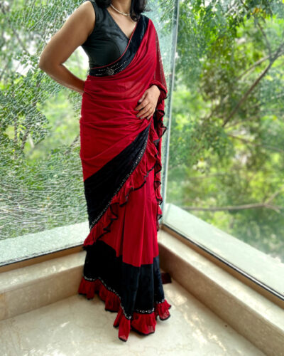 Red and black Lycra Ruffle sari - Buy saree online at Feelzz.com