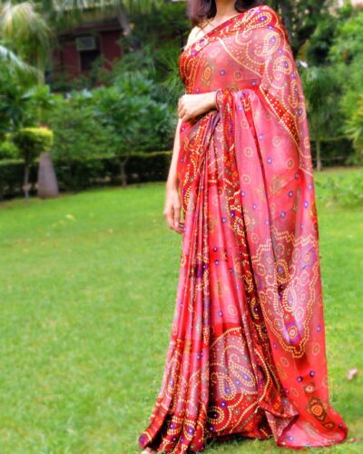 Red bandhej/ bandhani georgette saree - Feelzz.com