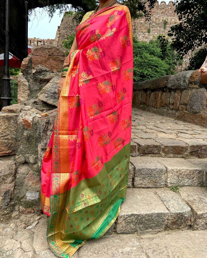 Fuchsia Pink and green Silk Saree with Zari woven border - Feelzz.com