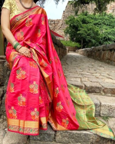 Pink Silk Saree with floral design - Feelzz.com