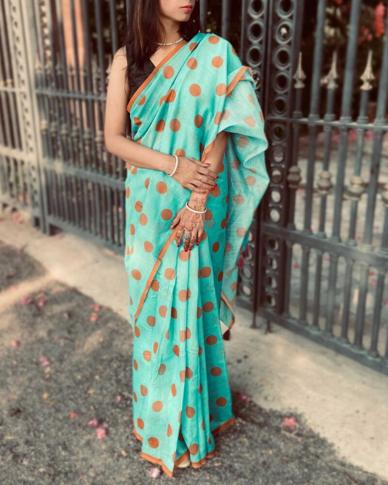 Sea Green Chanderi silk saree with mustard polka dots and multicolour tassels on pallu-Feelzz.com