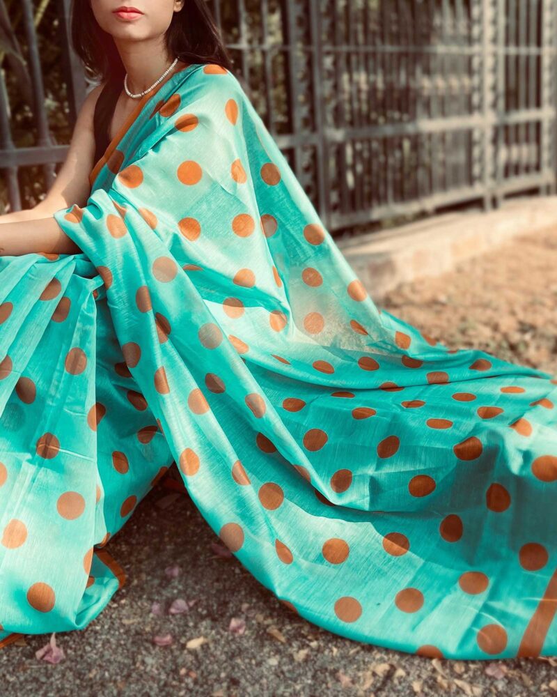 Sea Green Chanderi silk saree with mustard polka dots and multicolour tassels on pallu-Feelzz.com