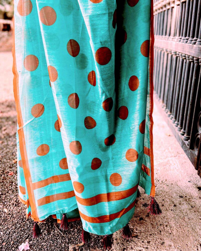 Sea Green Chanderi silk saree with mustard polka dots and multicolour tassels on pallu-Feelzz.com