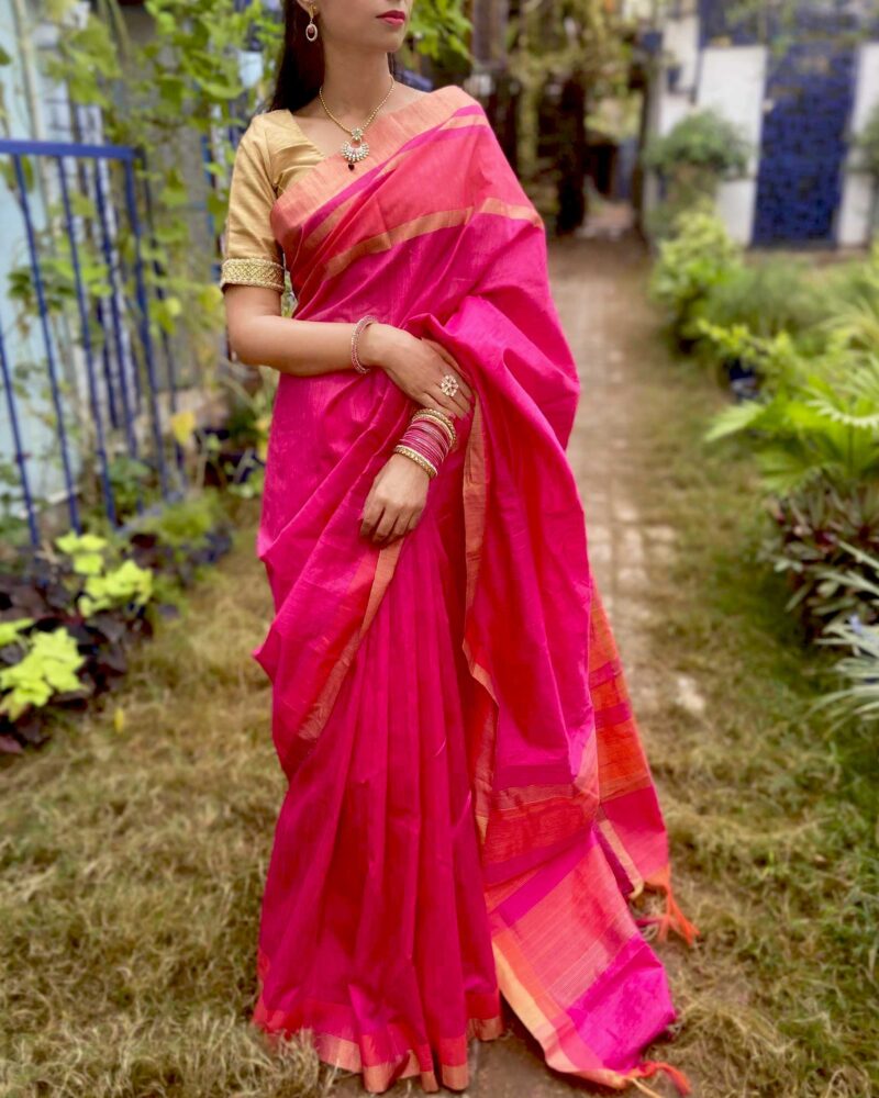 Pink Raw silk saree with khadi weaving pallu - Shop now Feelzz.com