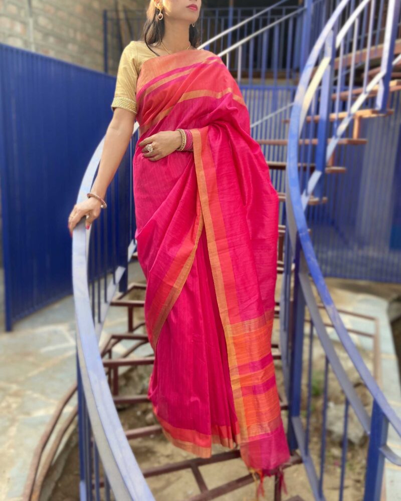 Pink Raw silk saree with khadi weaving pallu - Shop now Feelzz.com