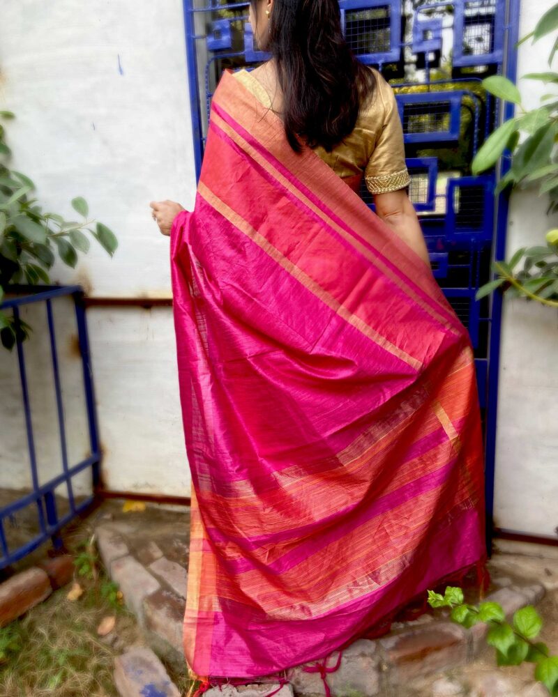 Pink Raw silk saree with khadi weaving pallu - Shop now Feelzz.com